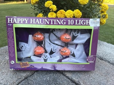 Vintage Happy Haunting Halloween String Lights Ghosts Pumpkins Yard Scenes NOS