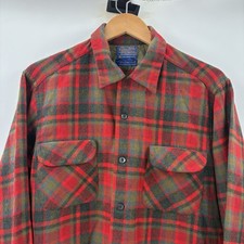 Vintage 60s Pendleton Board Shirt Sz L Red Plaid Wool Loop Collar Made in USA