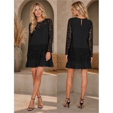 ASTR the Label Black Lace Long Sleeve Shift Dress AI5401402 Large