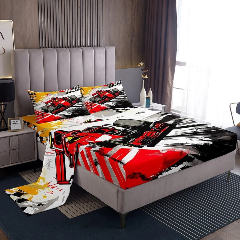 Formula Race Car Sheet Queen Size Racing Checkered Flag Bedding Set Speed Ext... - Image 3 of 4