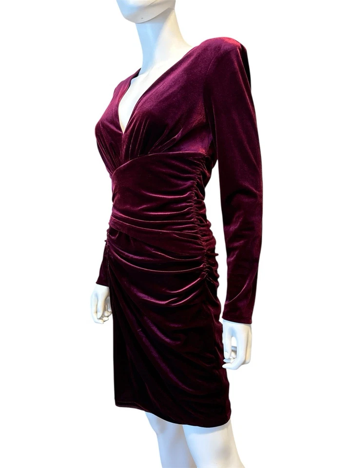 Vince Camuto Ruched Velvet Dress V-neck Long Sleeve Size 6 - Image 2 of 4