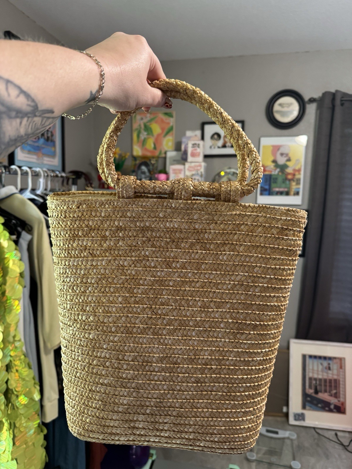 Faded Glory Vintage Straw Woven Purse Basket Summer Beach Bag