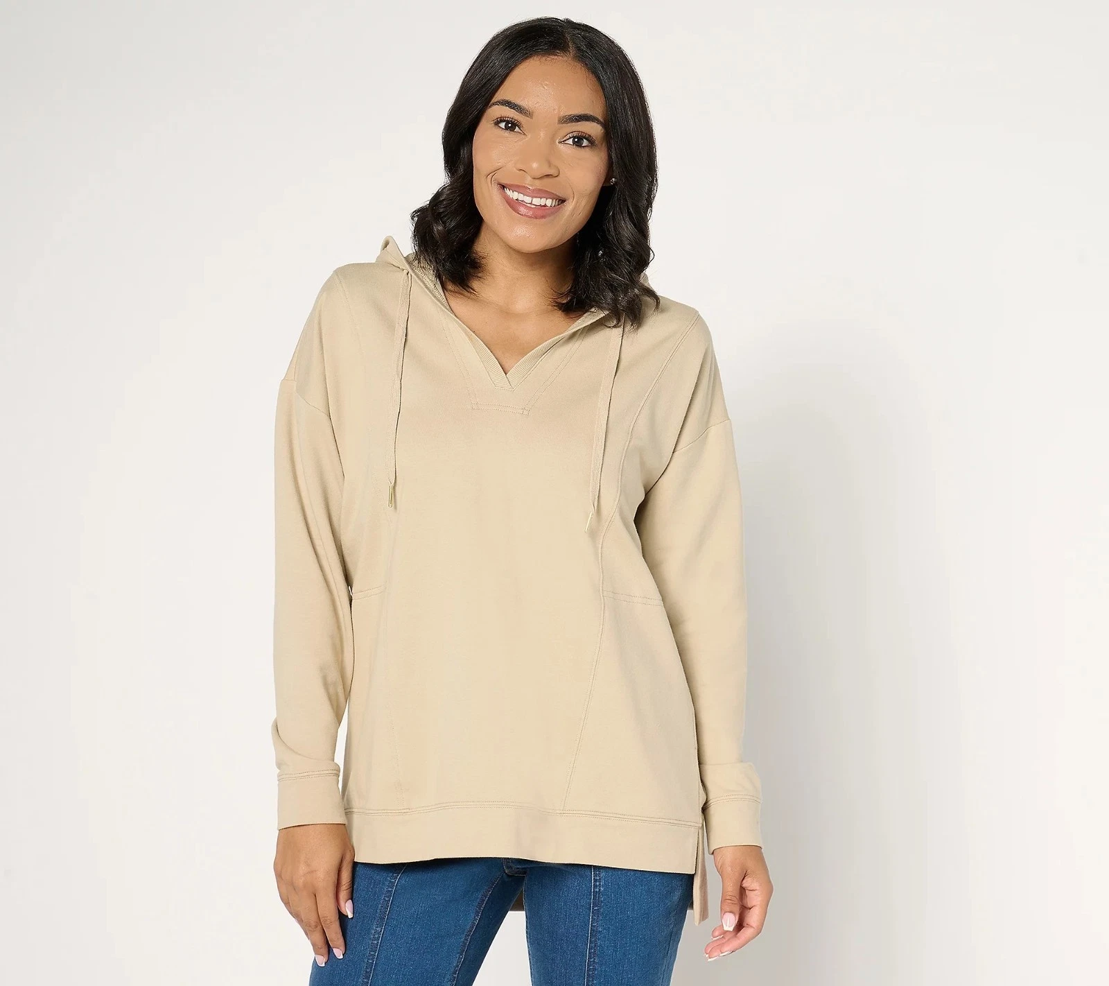 Joan Rivers French Terry Hooded V Neck Pullover Sweatshirt Size Small Taupe Cozy