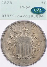 1878 5C PCGS PR64 CAC Proof Shield Nickel Rattler OGH