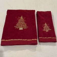 AVANTI Home Set Of 2 Christmas Tree Bath And Hand Towels Red With Gold