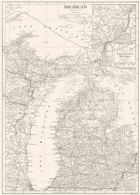 MICHIGAN. Staatskarte zeigt Grafschaften; Einsatz Südosten Michigan Detroit 1910