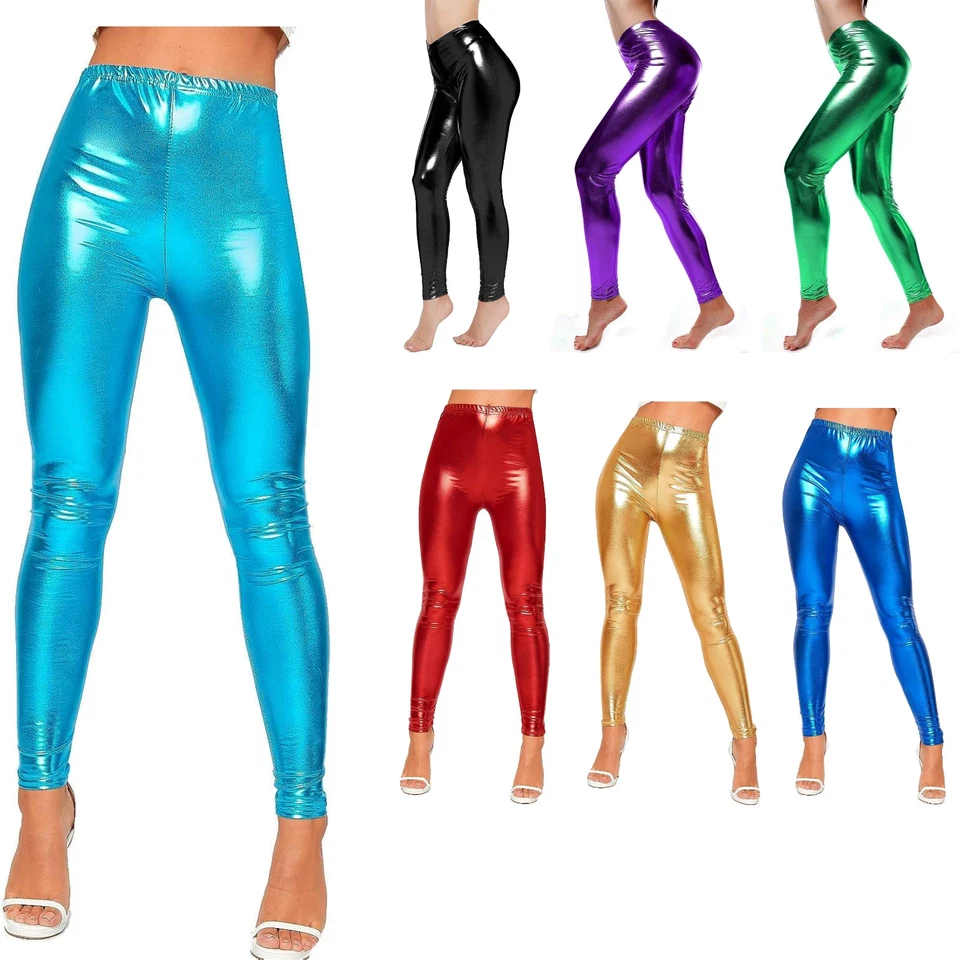 Ladies Metallic Leggings Low Rise Shiny Wet Look Stretch Skinny Pants Clubwear - Image 1 of 1