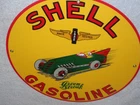 VINTAGE SHELL GREEN STREAK GASOLINE & RACE CAR 11 3/4" PORCELAIN METAL OIL SIGN!