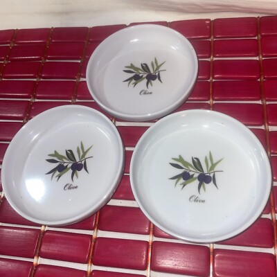 Estate Lot of 3 XCELL Marked Small White Plastic Shallow Dishes w Olives On Them
