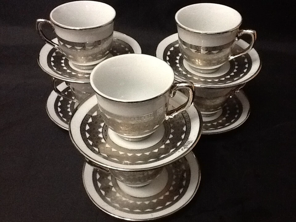 2.5 oz Espresso Coffee Cups 12 pc Cup Saucer Cappuccino 711 Silver w 6  Spoons