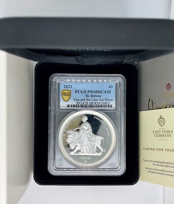 2021 St Helena Una & Lion 2oz Silver Proof £2 PCGS PR68DCAM Box