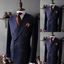 Dark Blue Men's Suits Peak Lapel Double Breasted Business Tuxedos Wedding Blazer