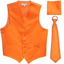 New Men's orange formal vest Tuxedo Waistcoat pre-tied neck tie and hankie prom