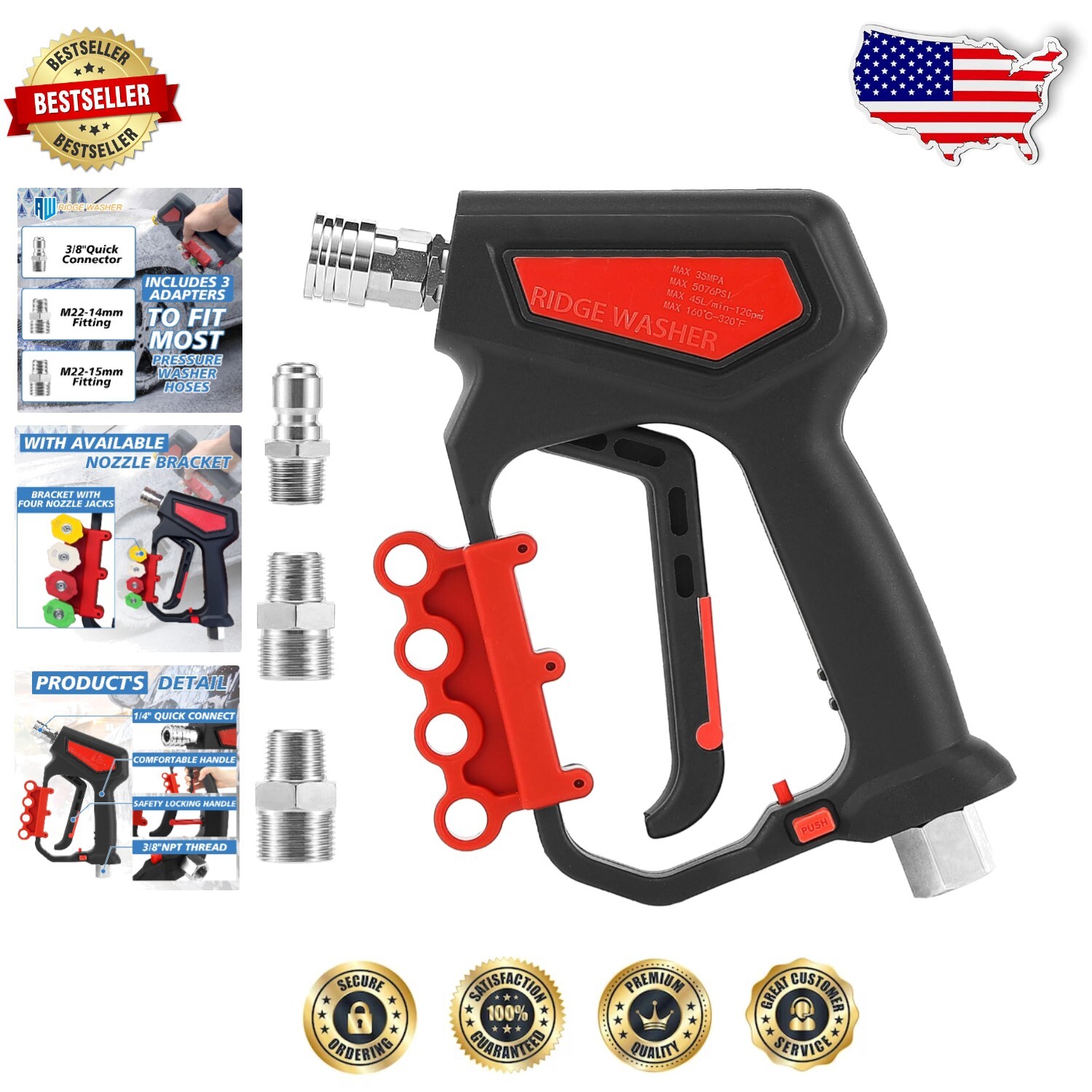 Versatile High-Pressure Washer Gun with 1/4 Quick Connector and Nozzle Holder