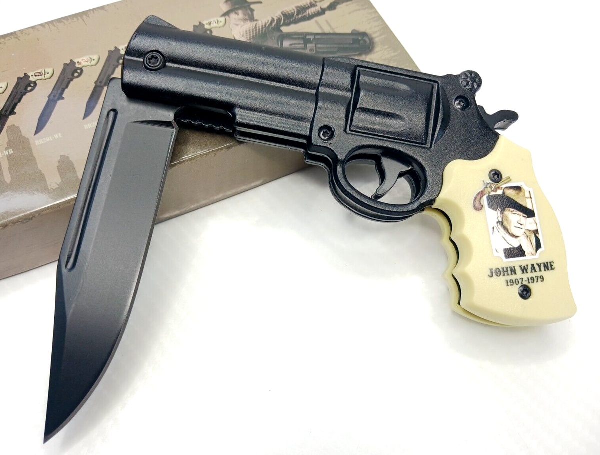 John Wayne Revolver Pistol Gun Assist Open Pocket Knife Folder
