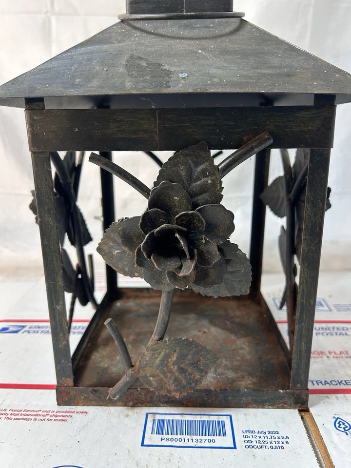 Large Metal 3D Rose Flower Candle Lantern Weathered Rustic Lantern 12x8x7 - Image 3 of 4