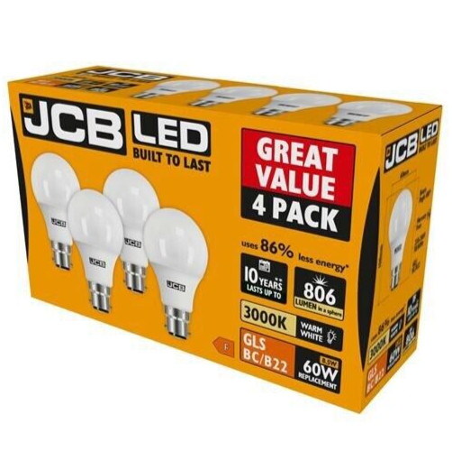 4x JCB GLS LED Lamp Light Bulb 8.5W (60W) 3000K B22 (BC) 806lm - Warm White