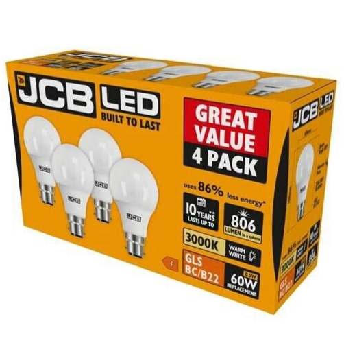 4x JCB GLS LED Lamp Light Bulb 8.5W (60W) 3000K B22 (BC) 806lm - Warm White
