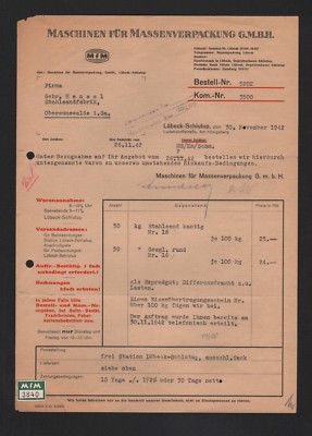 Lübeck-Schlutup, invoice 1942, MFM machines for bulk packaging GmbH