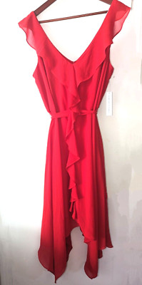 Emma & Michele Womens Ruffled Zippered Tie Belt Red Maxi Dress Size 14 NWT