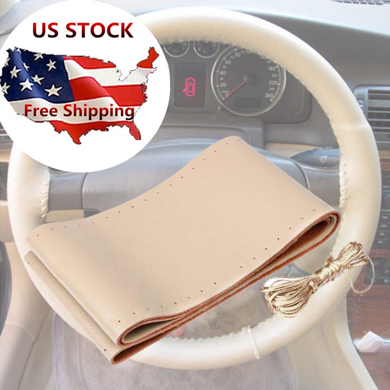 Cubierta de volante de auto de cuero genuino con agujas e rosca beige EE. UU. Foto 2 de 4