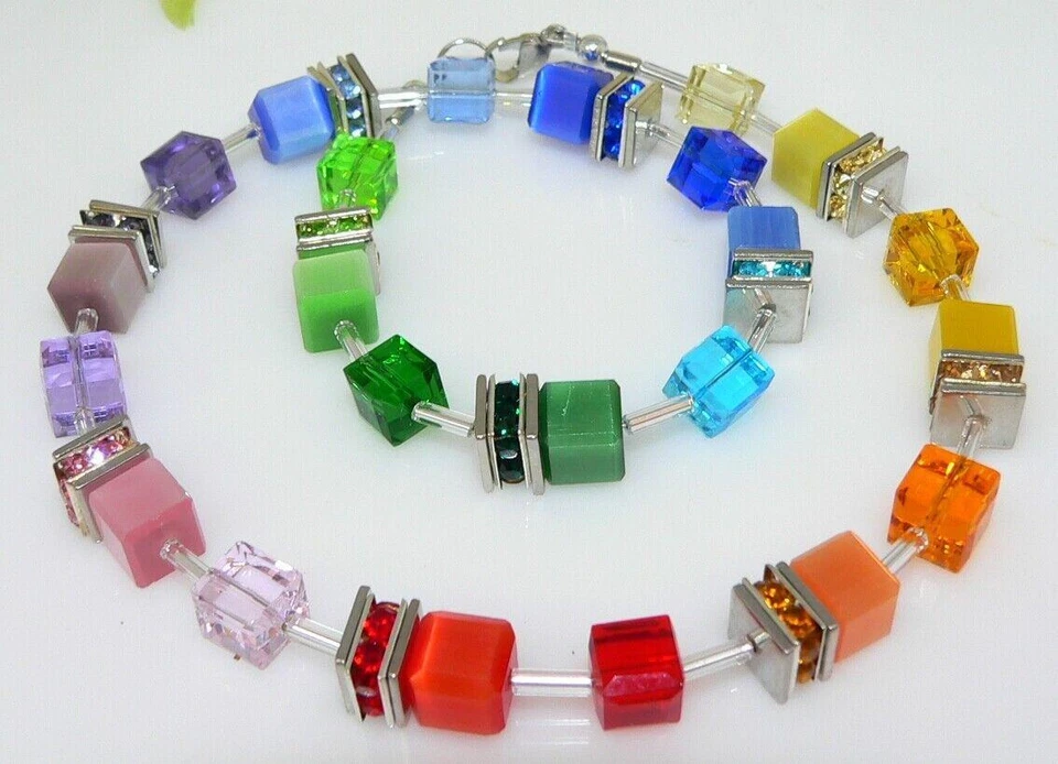 Halskette Würfelkette 8mm Cube Cat Eye Kristallglas mehrfarbig bunt Strass 511a - Bild 4 von 4