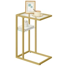 C Shaped End Table, Tempered Glass Snack Side Table with Metal Frame, C Shape...