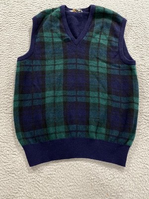 Vintage Pringle Sweater Vest Mens 44 Blue Green Tartan Lambswool Scotland 90s