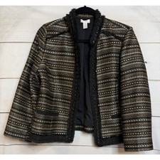 Chico's Metallic Gold Black Tweed Chain Trim Open Front Jacket Size 2 Large