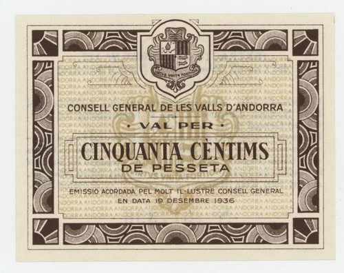 Andorra 50 Centims 19-12-1936 Pick 5 UNC Uncirculated Banknote