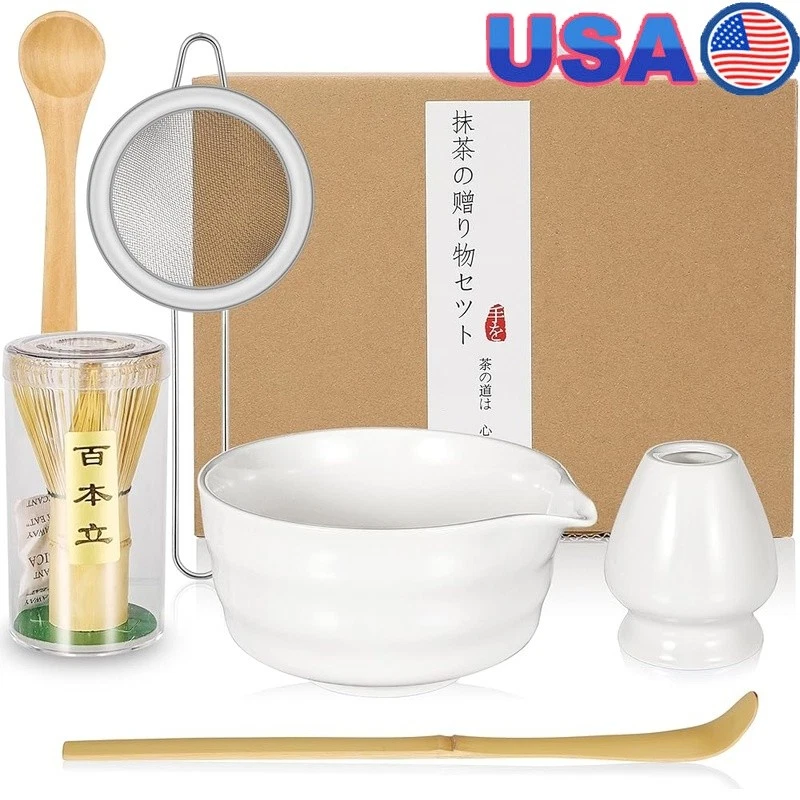 Complete Matcha Whisk Set Ceramic Bowl Bamboo Whisk Holder Sifter Scoop Spoon US