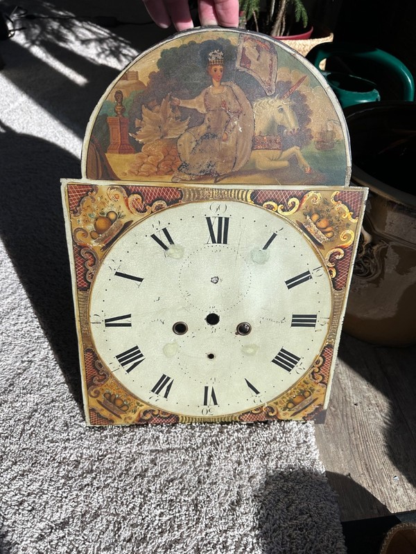 Old Antique Painted QUEEN FANCY gold Metal Tall Case Grandfather Clock Dial Face