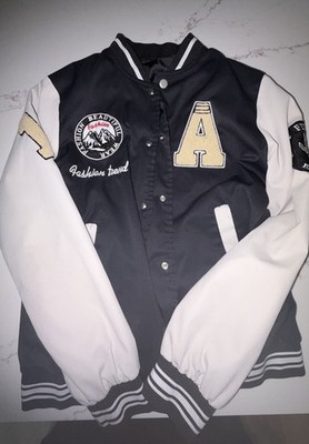 Shien Men's Black/White Varsity Jacket Snap Closure Embroidered Patch Pockets M