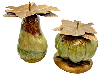 Bombay Candlesticks Bronze and Ceramic Gourds Celadon 6.5'' and 4.5'' Set of 2