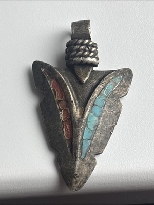 Sterling Arrowhead Pendant Turquoise Coral Inlay Rope Bail Textured Silver Back