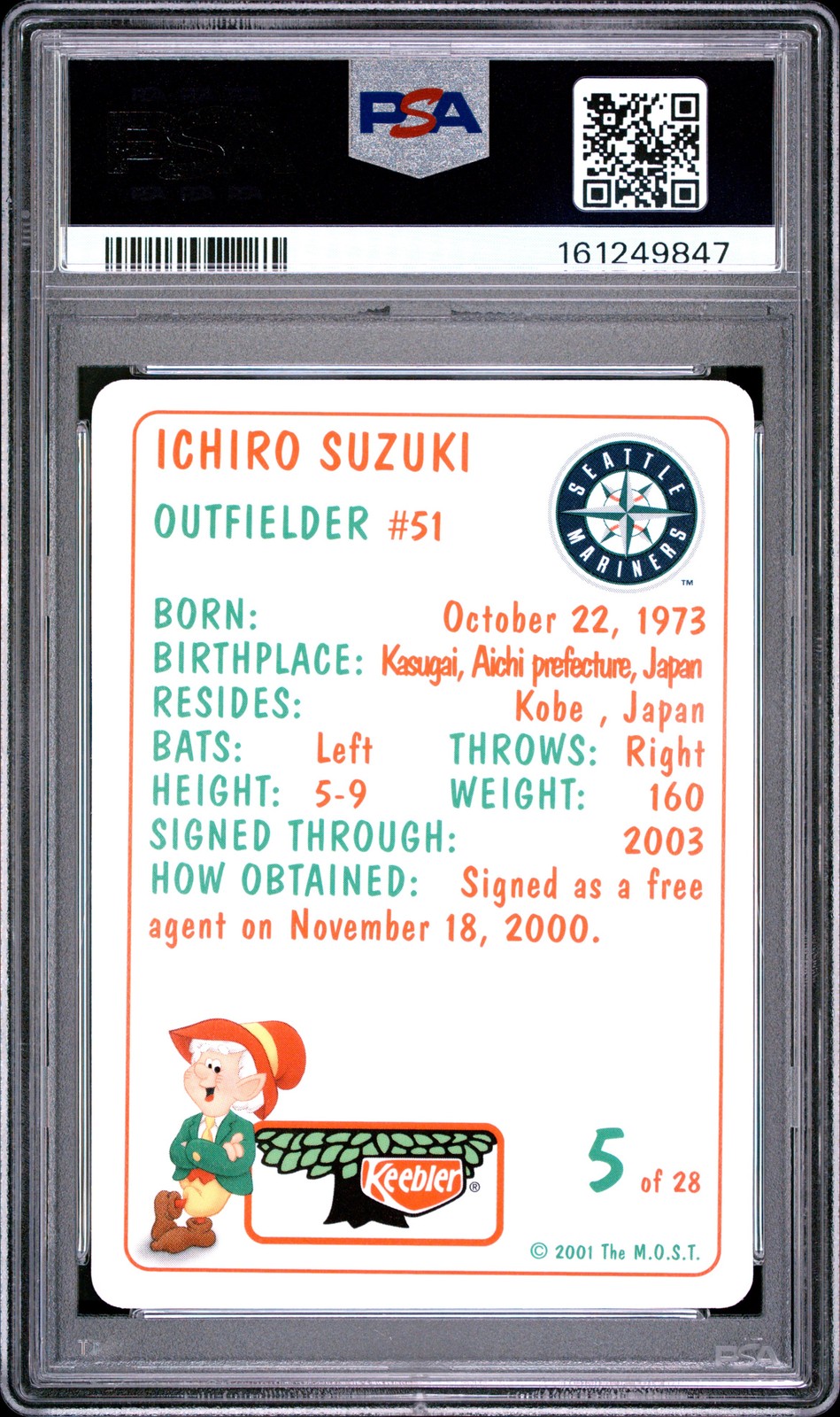2001 KEEBLER MARINERS #5 ICHIRO SUZUKI ROOKIE RC PSA 10 view 2