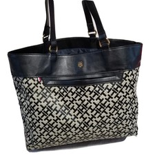 Tommy Hilfiger Monogram Tote Purse Black and Gray Signature 14x12x6 inches 