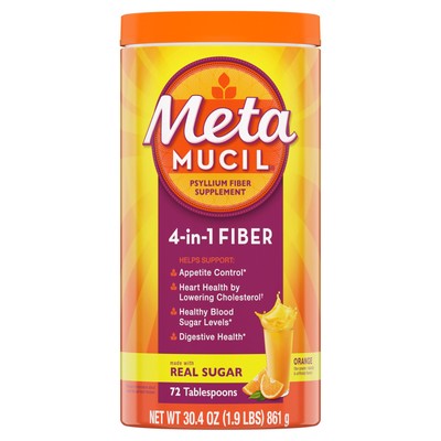 Fiber, 4-in-1 Psyllium Fiber with Real Sugar, Orange Smooth Flavored Drink, 7...