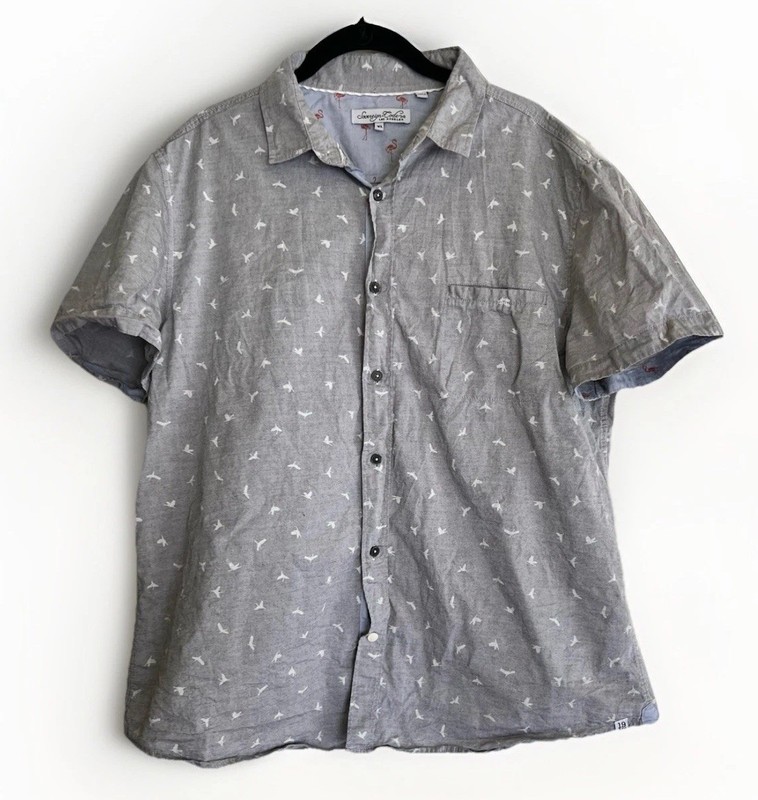 SOVEREIGN CODE Sz XL Gray White Button Down Shirt Short Sleeve Top Bird Collared