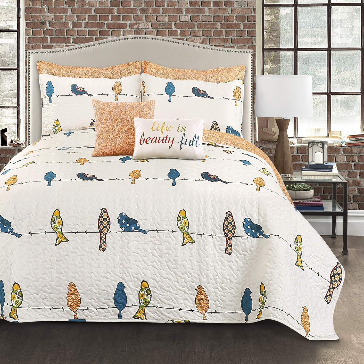 Rowley Birds Quilt Set, 7 Piece Set, Full/ Queen, Multi - Reversible Bird Beddin