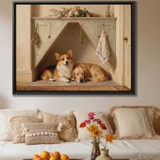 Corgi Golden Retriever Dog Oil Painting Canvas Print Living Room Wall Art Decor