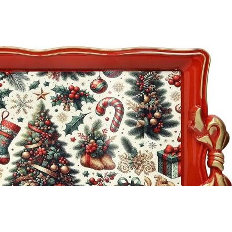 Vassoio Rettangolare 50x30 cm BRANDANI Christmas Rosso Natale Manici a Fiocco, fotografia 3 di 9