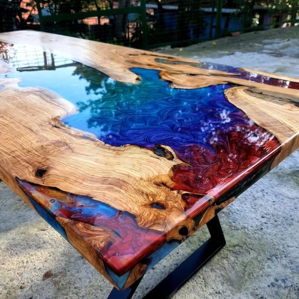 Custom Rainbow Epoxy Resin Dining Table Multi-Color Live Edge Wood Coffee Table - Image 2 of 4