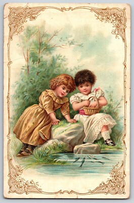 Kingsbury Piano James & Munn Walton, NY Victorian Trade Card - Girls Feed Fish