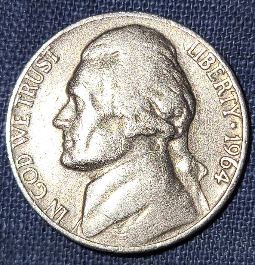 1964 Jefferson nickel, no mint, big die chip error on the rim