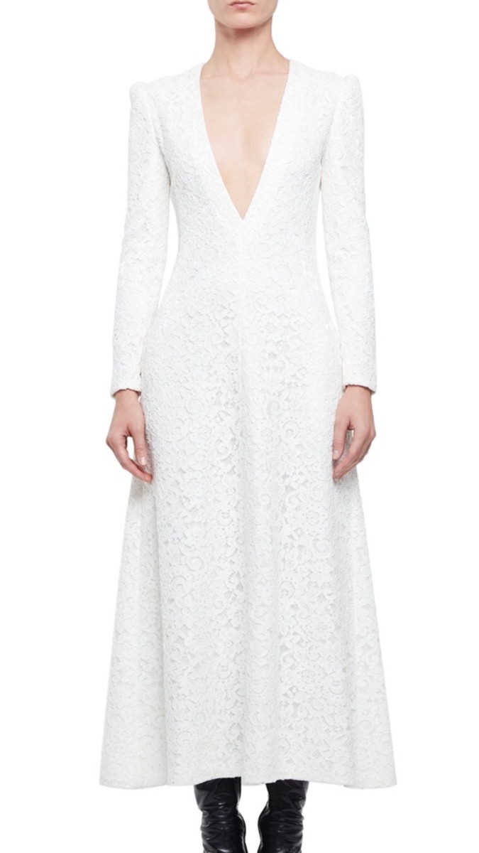 Saint Laurent Long-Sleeve Plunging V-Neck Midi Dress, Shell White  