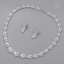 Floral Cubic Zirconia Necklace Earrings Bridal Wedding Jewelry Set Sparkle 20037
