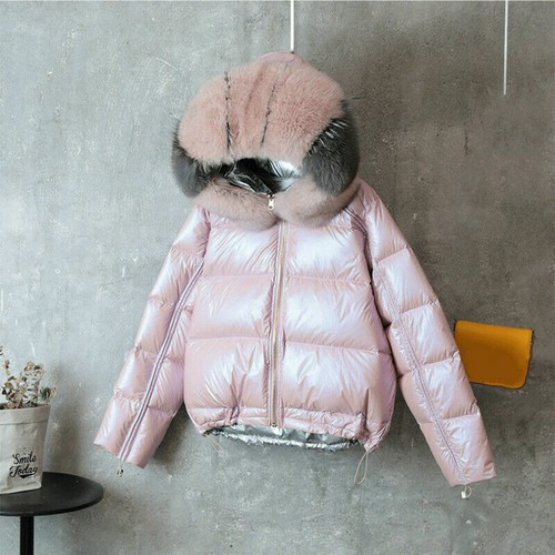 Lady Duck Down Coat Fur Hooded Parka Warm Jacket Puffer Shiny Ski Winter Fashion - Picture 5 of 14