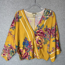 Flying Tomato Blouse Womens Large Yellow Floral Surplice Boho Top Kimono Sleeve