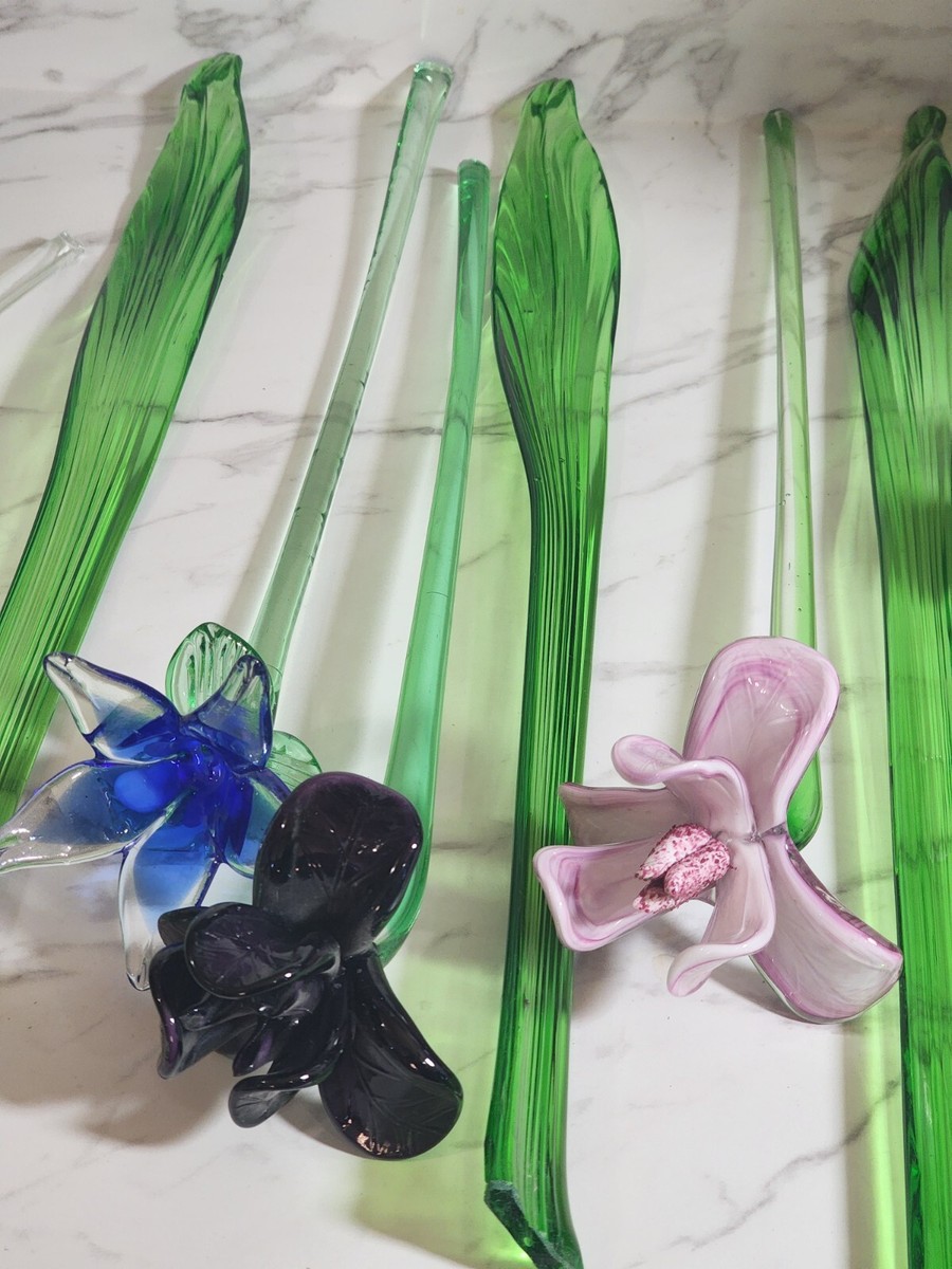 Lot Of 10 Vintage Murano Style Long Stem Glass Flowers | eBay